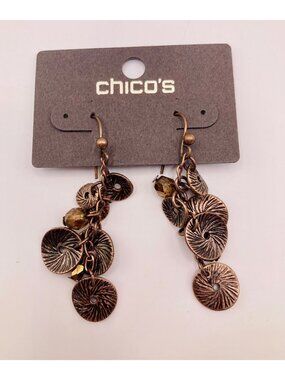 Chicos Bronze Tone Dangle Earrings Textured Discs & Faceted Beads  -14B